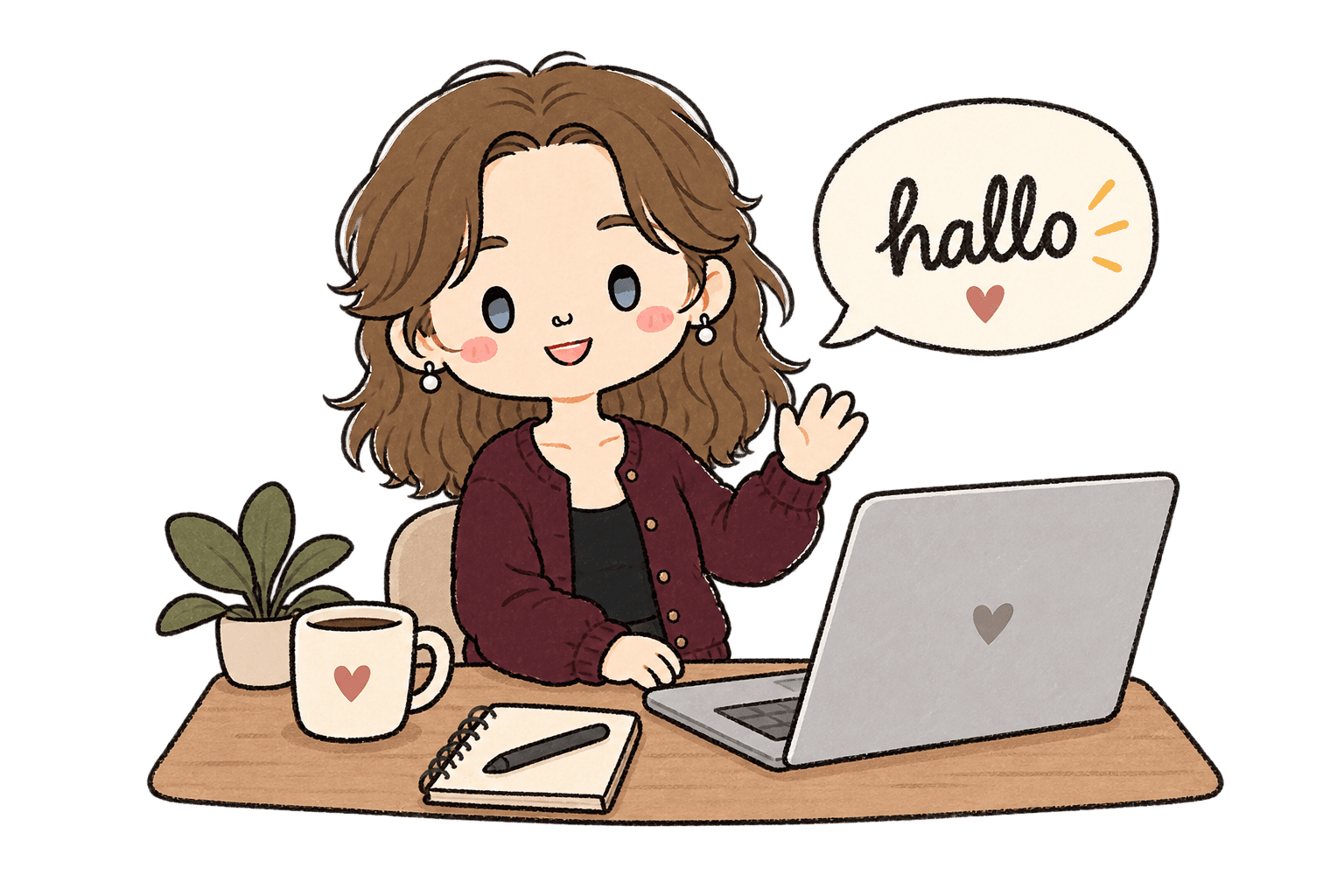 Jolien at her teaching desk, headset on, ready for a lesson
